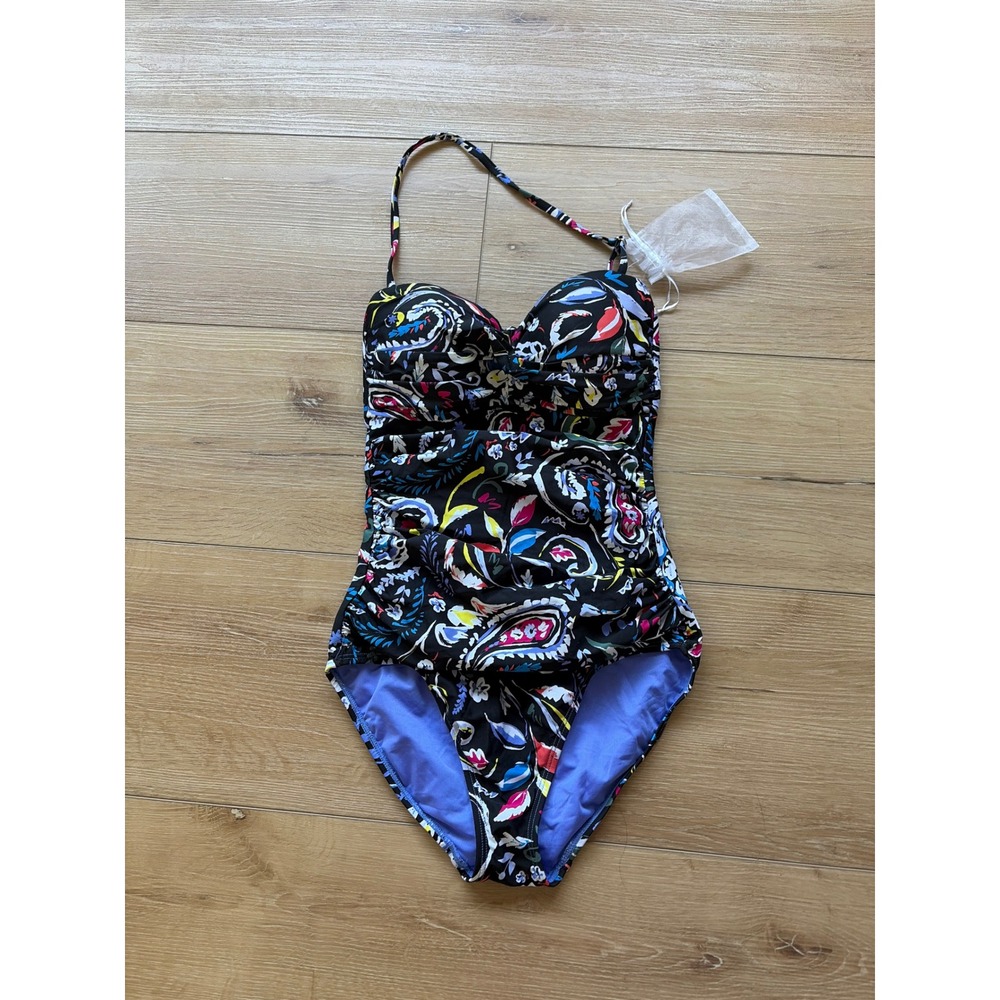 Anne Cole Womens Paisley Floral One Piece Swimsuit Black Multi Ruched Size 6